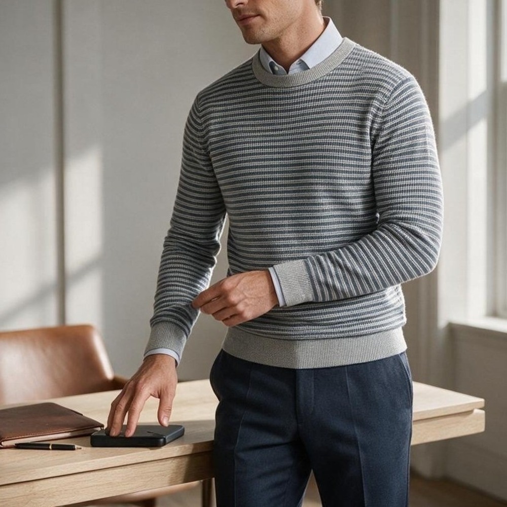 Goodfellow Knit Sweater Men's Large Blue Gray Striped Pullover Smart Casual
